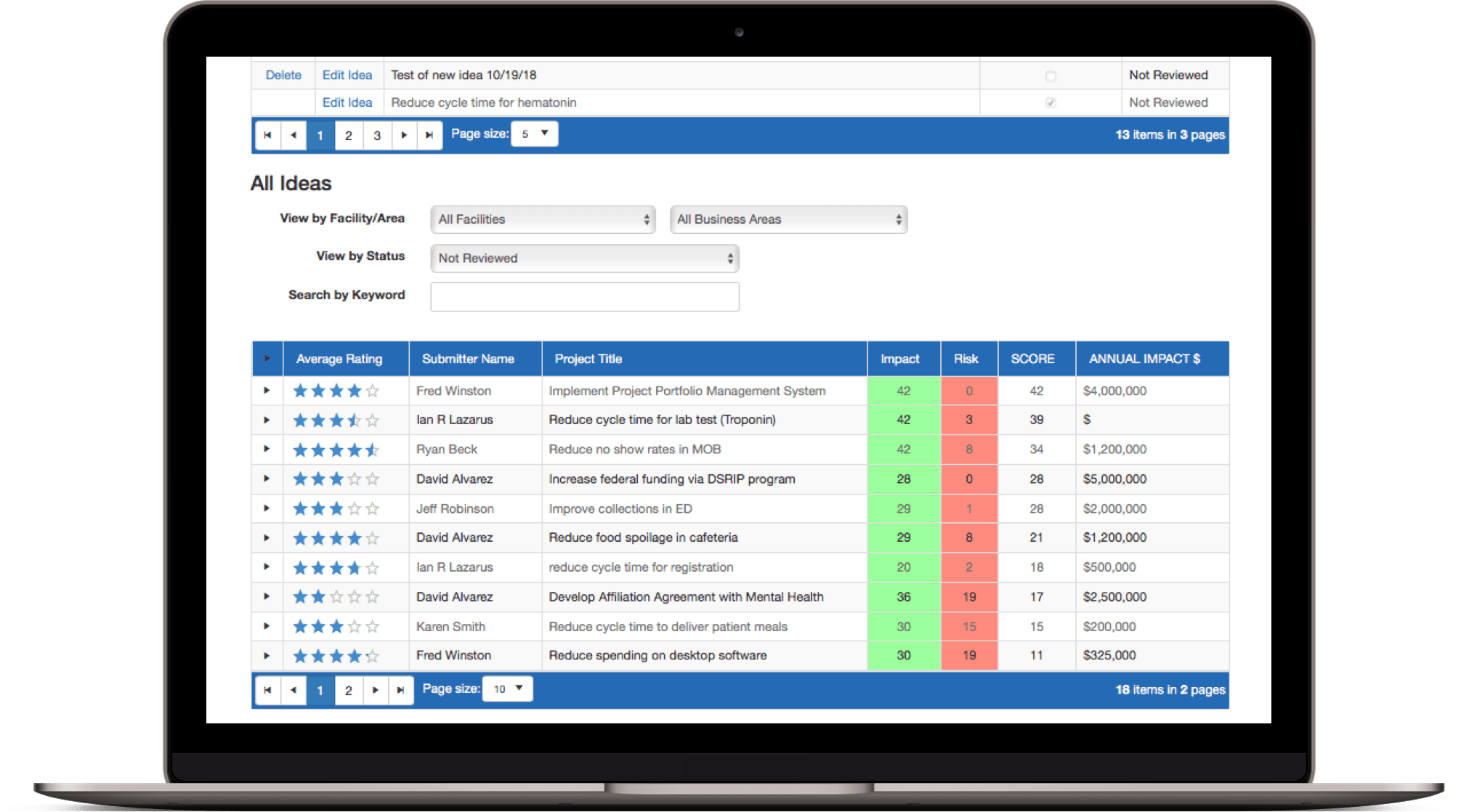 Screenshot of Compass Quality Management System  idea rating screen